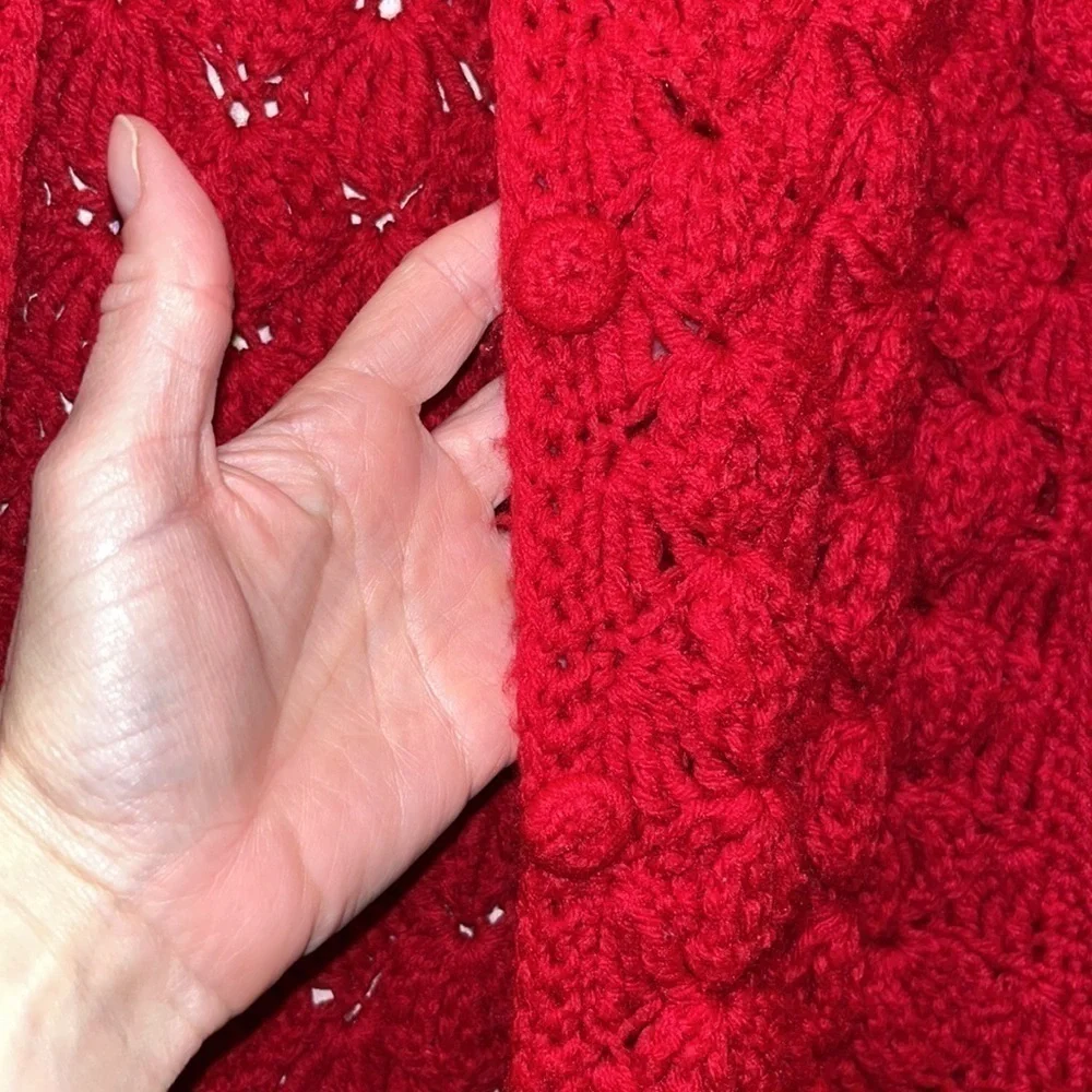 Red chunky crochet handknit open cape poncho boho hippie one size fits most